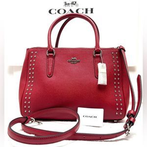 🔥🌺NEW! Coach SURREY Border Rivets Satchel Handbag Bright Cardinal Msrp:$450.00